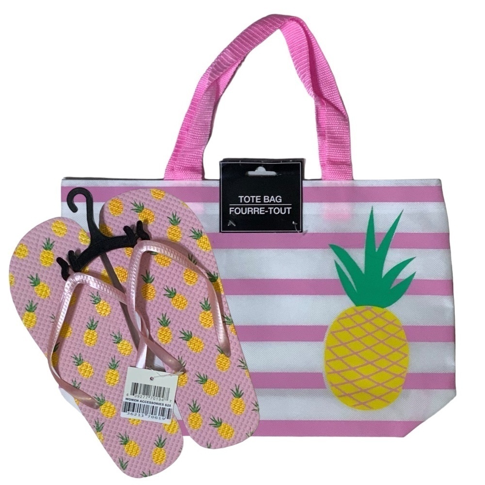 Flip Flops and Pineapple Tote Set Tropical Beach Theme Pink White Women’s L 9/10